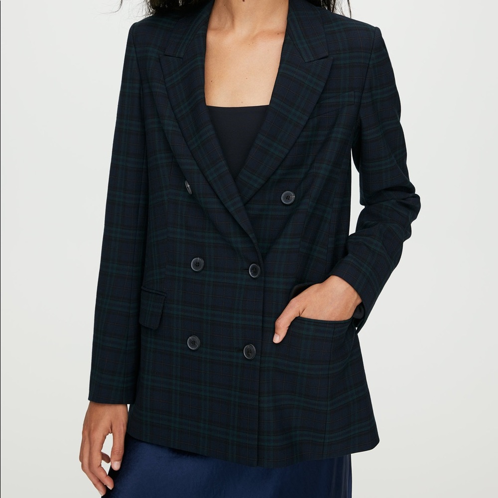 Blue and Green Plaid Double Breasted Blazer